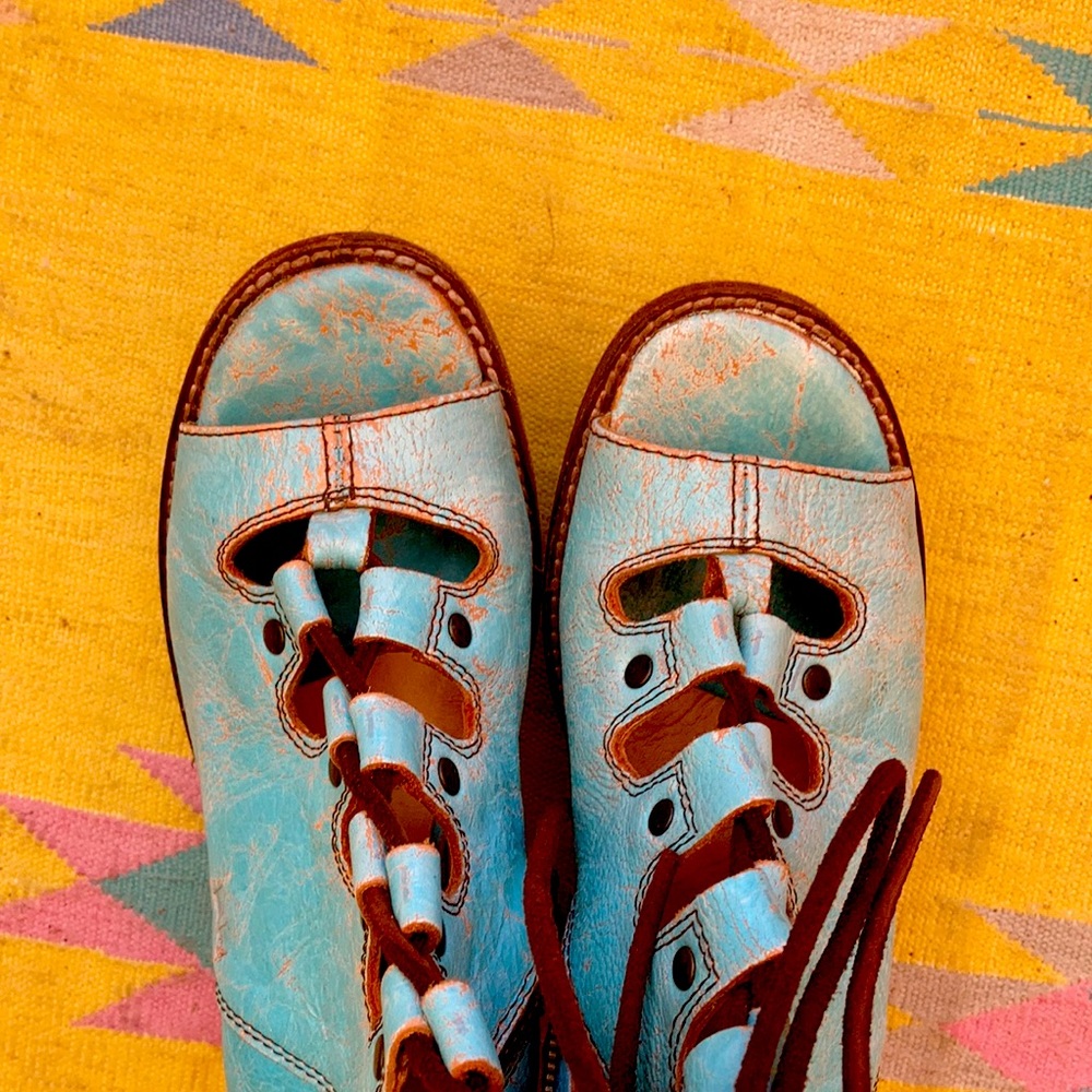 BedStu stacked handmade leather heels with zip and laces. Cut-out heel and toe.